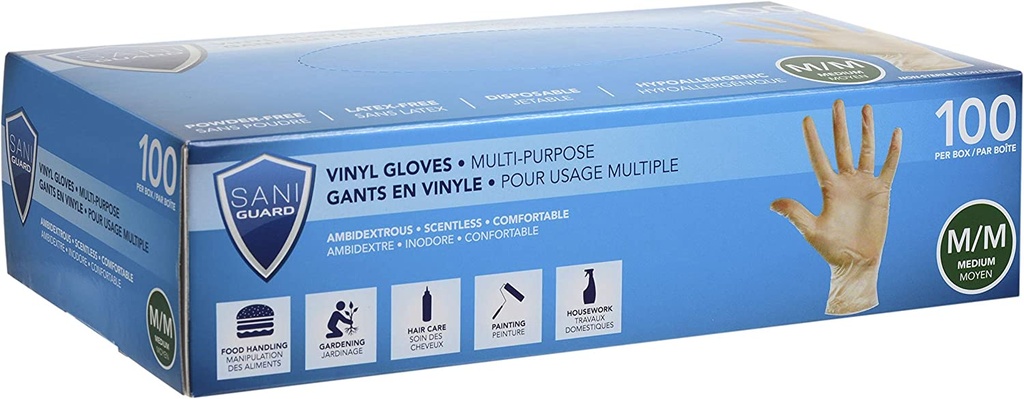 SANIGUARD® Gants en vinyle non-médicaux sans poudre - Moyen (100) Transparent