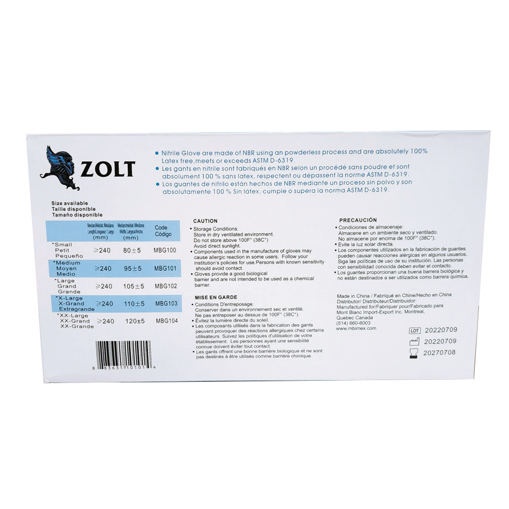 ZOLT® Gants en nitrile sans poudre - Moyen (100) Bleu