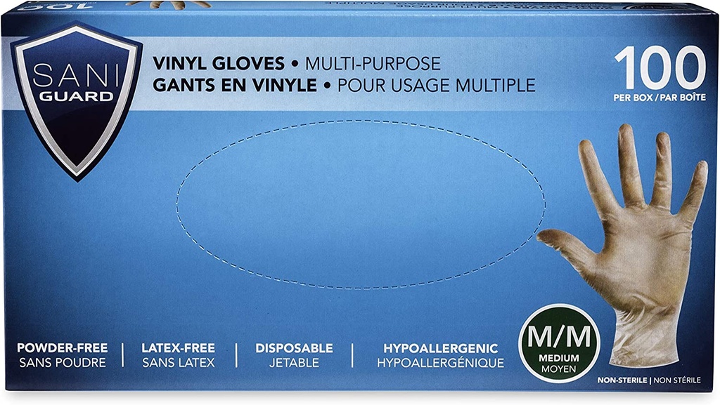 SANIGUARD® Non-Medical Powder Free Vinyl Gloves - Medium (100) Clear