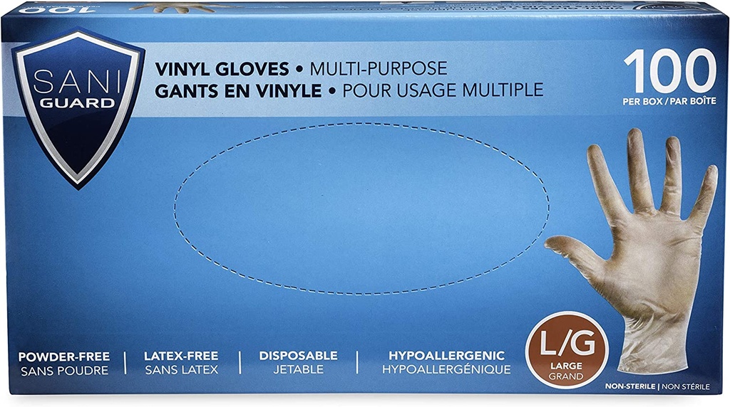 SANIGUARD® Non-Medical Powder Free Vinyl Gloves - Large (100) Clear