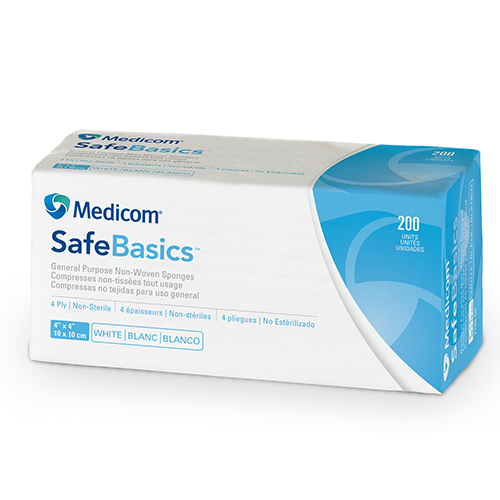 MEDICOM SafeBasics® Compresses non-tissées tout usage - 4 épaisseurs - 4" x 4" (200) Blanc