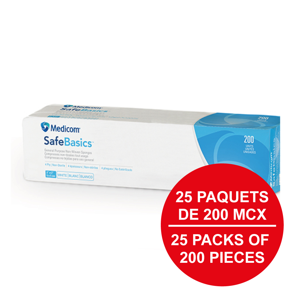 MEDICOM SafeBasics® Compresses non-tissées tout usage - 4 épaisseurs (Caisse de 25 paq.) 2" x 2" - Blanc
