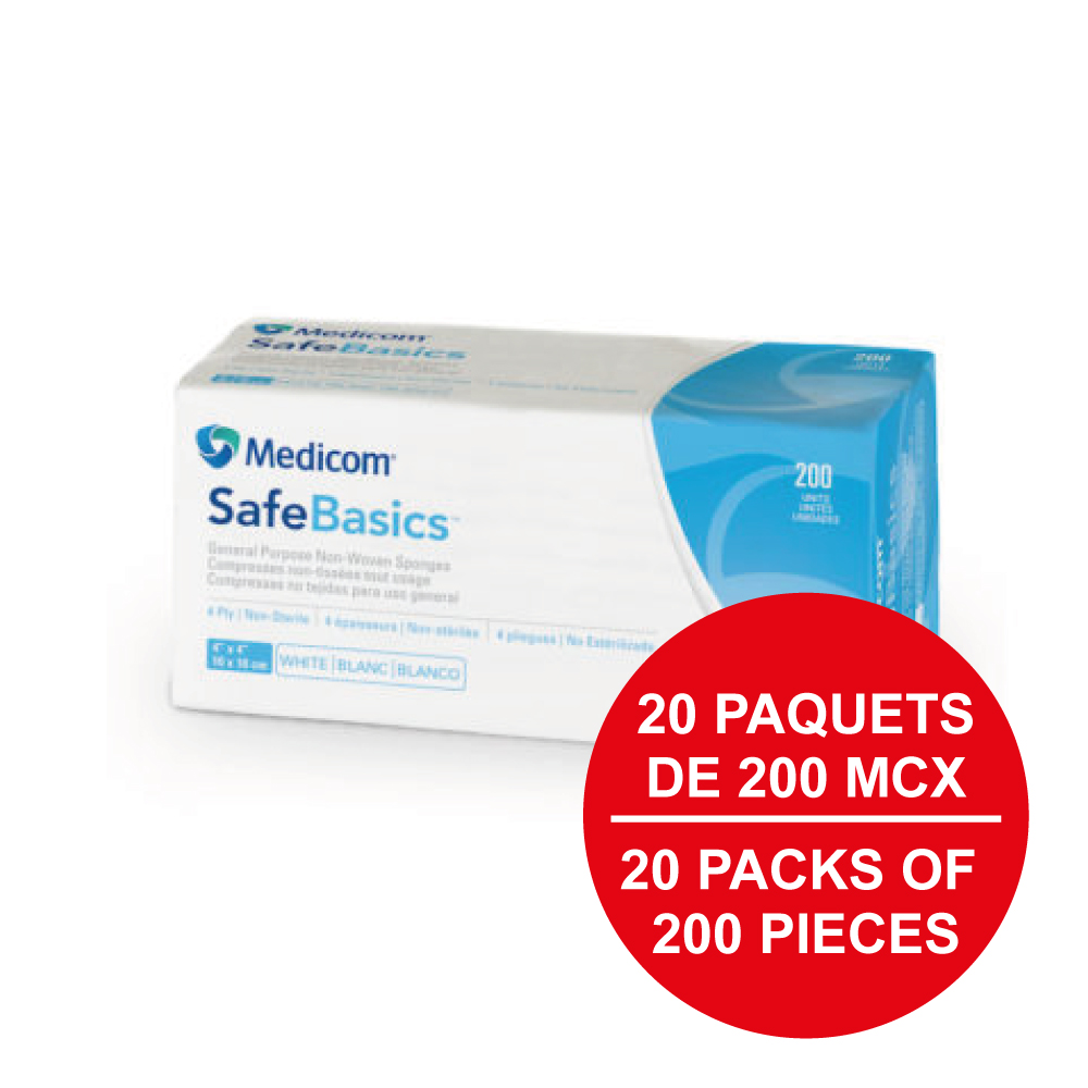 MEDICOM SafeBasics® Compresses non-tissées tout usage - 4 épaisseurs (Caisse de 20 paq.) 3" x 3" - Blanc