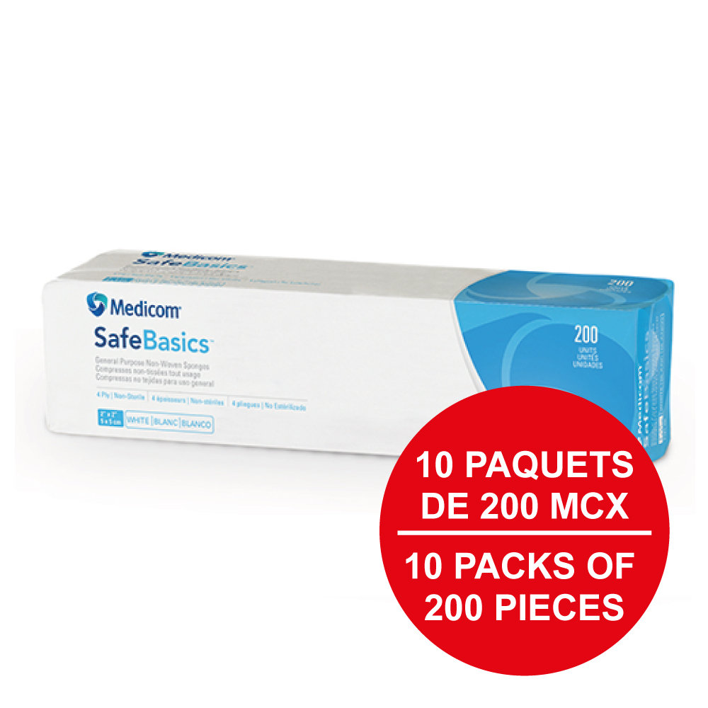 MEDICOM SafeBasics® Compresses non-tissées tout usage - 4 épaisseurs (Caisse de 10 paq.) 4" x 4" - Blanc