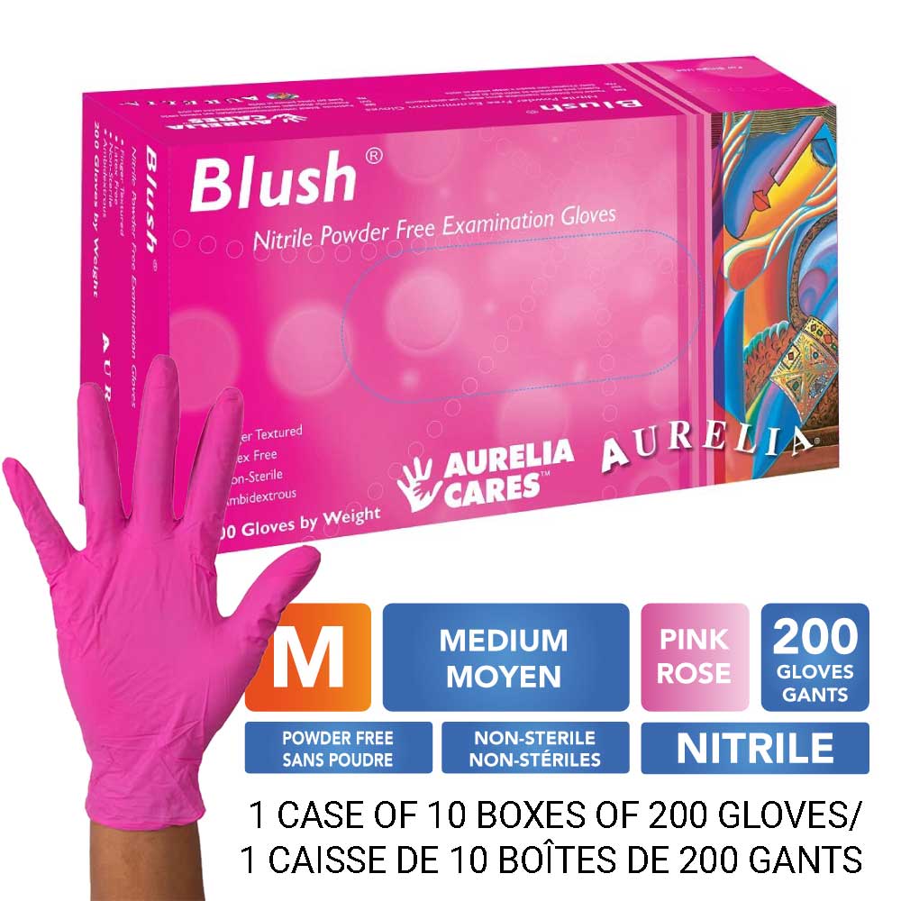 [578887-M-10] AURELIA® Blush® Powder Free Nitrile Gloves - Medium (200) Pink - (Case of 10 pk.)