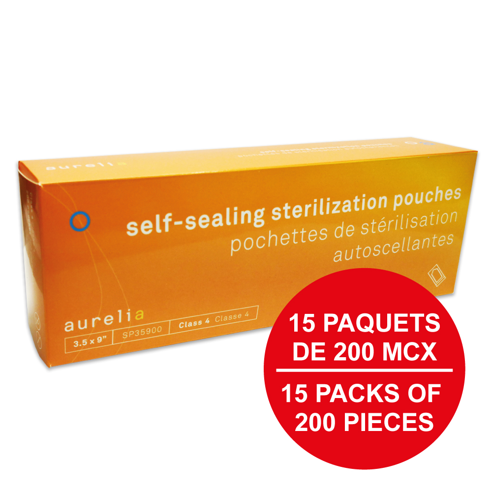 AURELIA® Pochettes de stérilisation autoscellantes - 3½'' x 9'' (200) Bleu (Caisse de 15 paq.)
