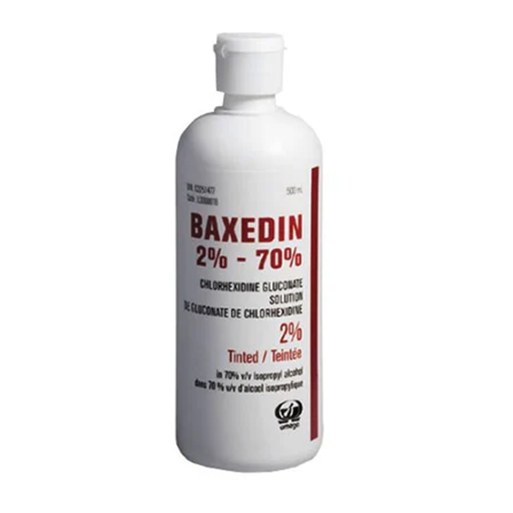 OMEGA® BAXEDIN® Solution de gluconate de chlorhexidine 2% dans 70% v/v d'alcool isopropylique (Bouteille rouge) Teintée - 500ml