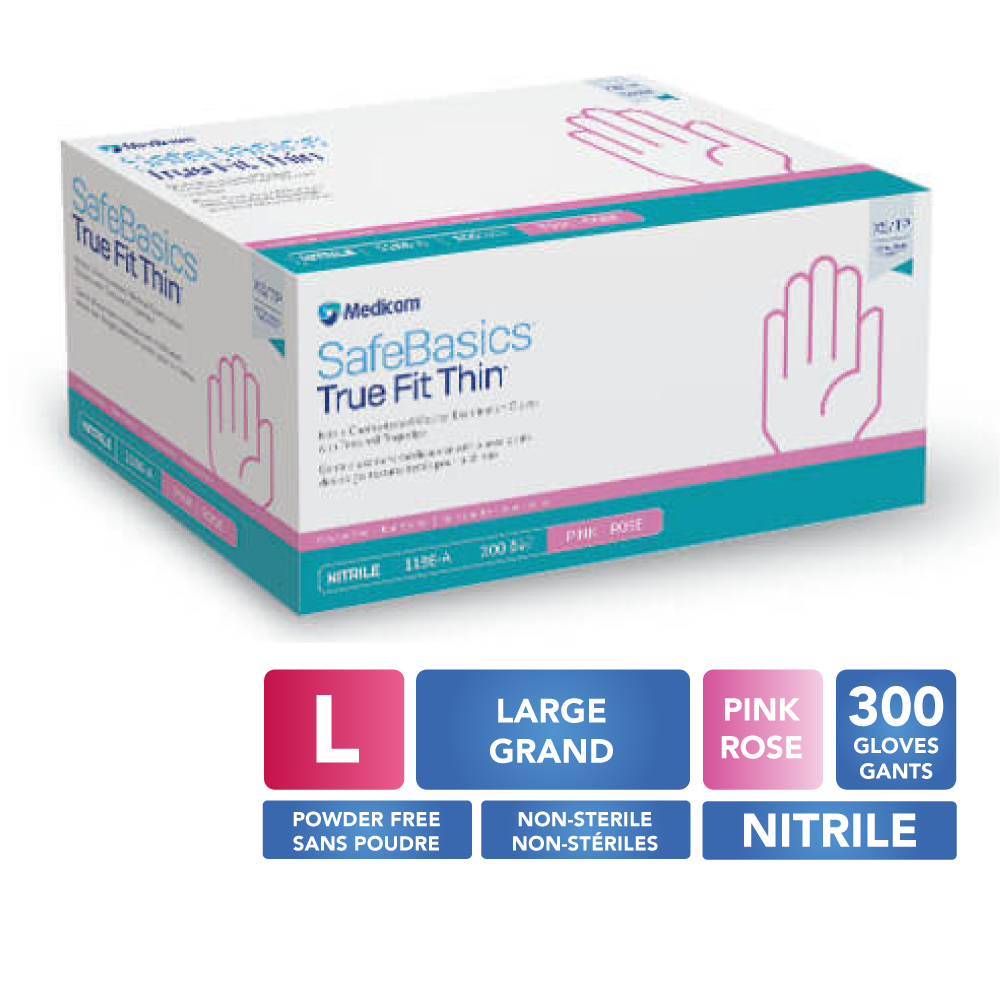 MEDICOM® SafeBasics™ True Fit Thin™ Powder Free Textured Nitrile Gloves - Large (300) Pink