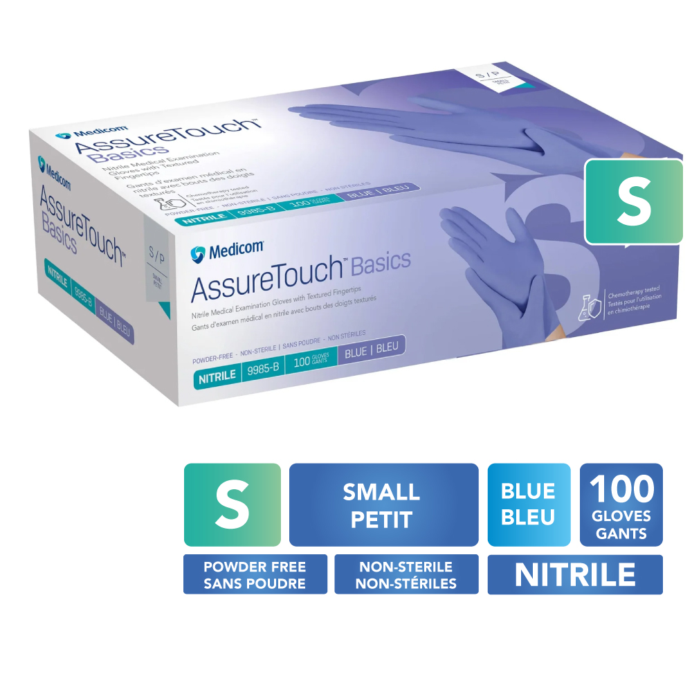 [9985-E] MEDICOM® AssureTouch™ Basics Powder Free Textured Nitrile Gloves - Small (100) Blue