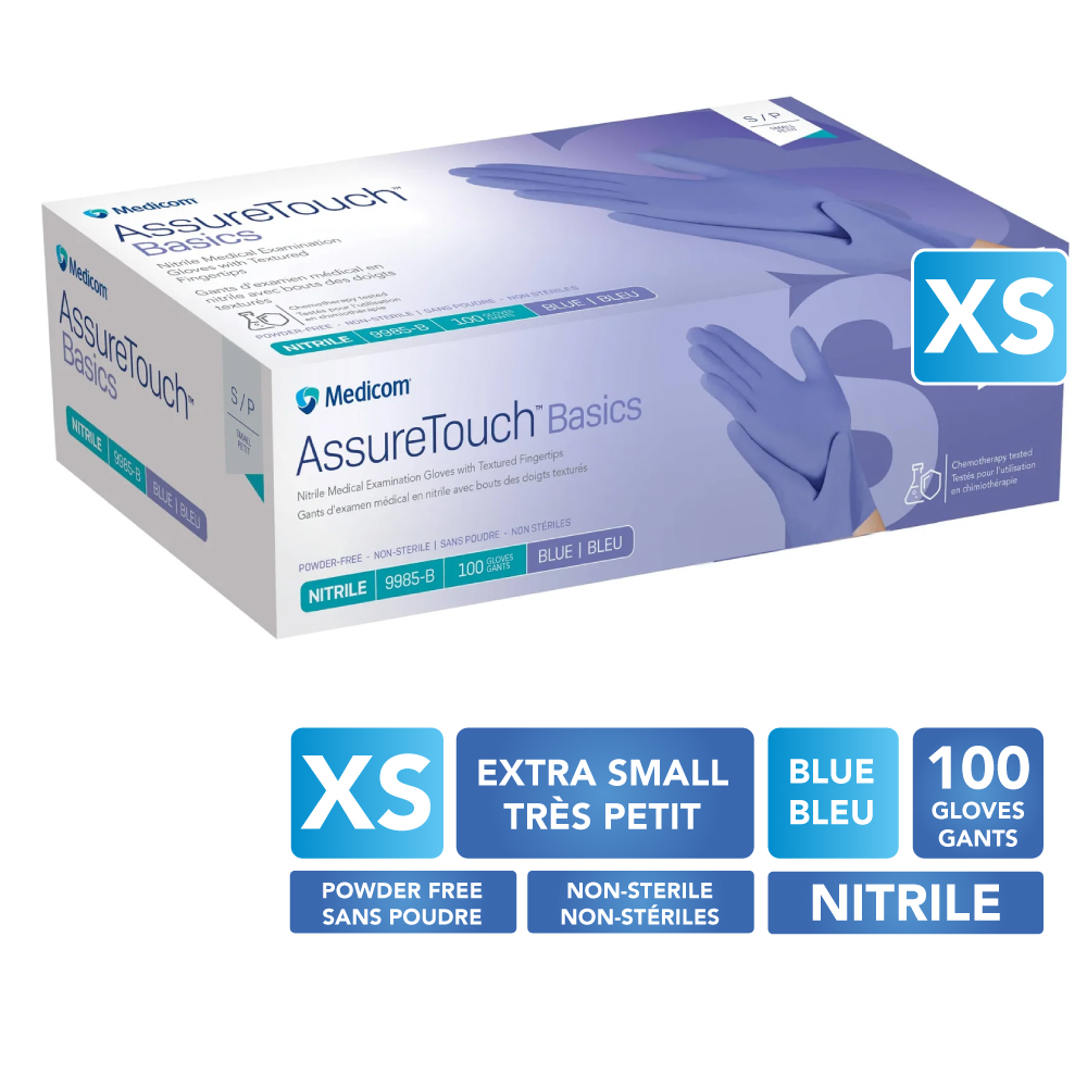 MEDICOM® AssureTouch™ Basics Gants de nitrile texturés sans poudre - Très Petit (100) Bleu