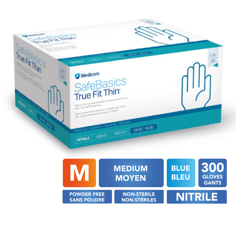 MEDICOM® SafeBasics™ True Fit Thin™ Powder Free Textured Nitrile Gloves - Medium (300) Blue