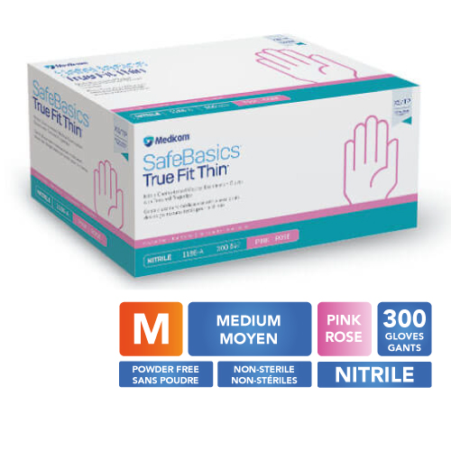 MEDICOM® SafeBasics™ True Fit Thin™ Powder Free Textured Nitrile Gloves - Medium (300) Pink