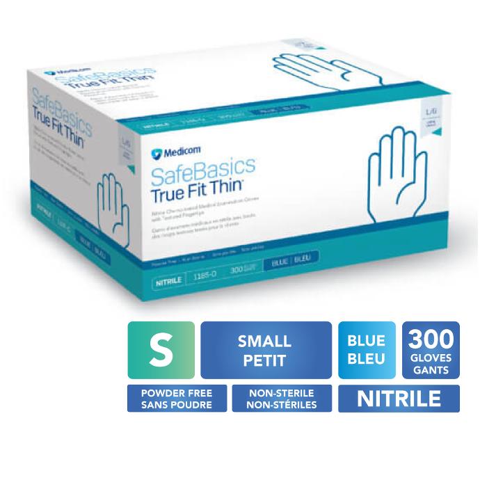[5MED1185B PETIT-BLEU] MEDICOM® SafeBasics™ True Fit Thin™ Gants en nitrile texturés sans poudre - Petit (300) Bleu
