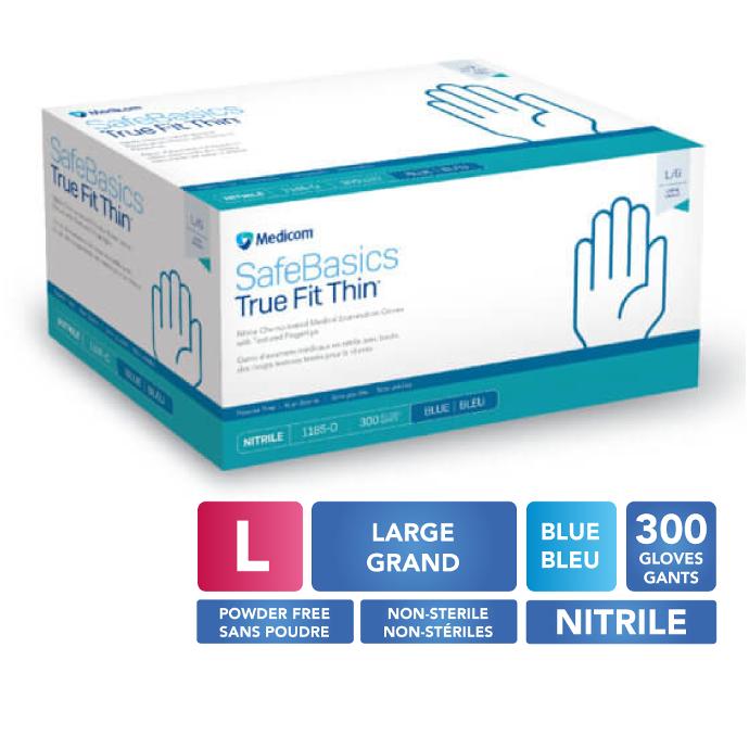 [5MED1185D GRAND-BLEU] MEDICOM® SafeBasics™ True Fit Thin™ Gants en nitrile texturés sans poudre - Grand (300) Bleu