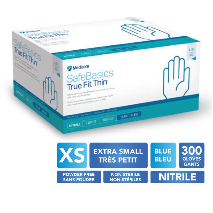 [5MED1185A TRES PETIT] MEDICOM® SafeBasics™ True Fit Thin™ Gants en nitrile texturés sans poudre - Très petit (300) Bleu