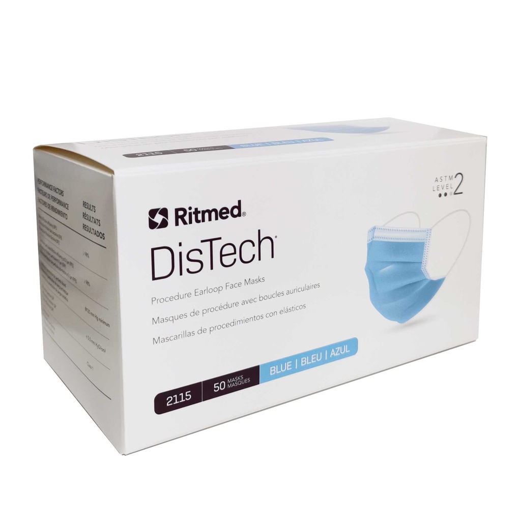 [52115] AMD Ritmed® Distech™ Masques de style à plis avec attaches auriculaires (50) Bleu (Niveau 2)