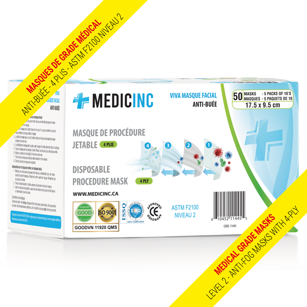[11445] MEDICINC® Niveau 2 - Masques de procédure anti-buée avec attaches auriculaire 4 plis (50) Bleu