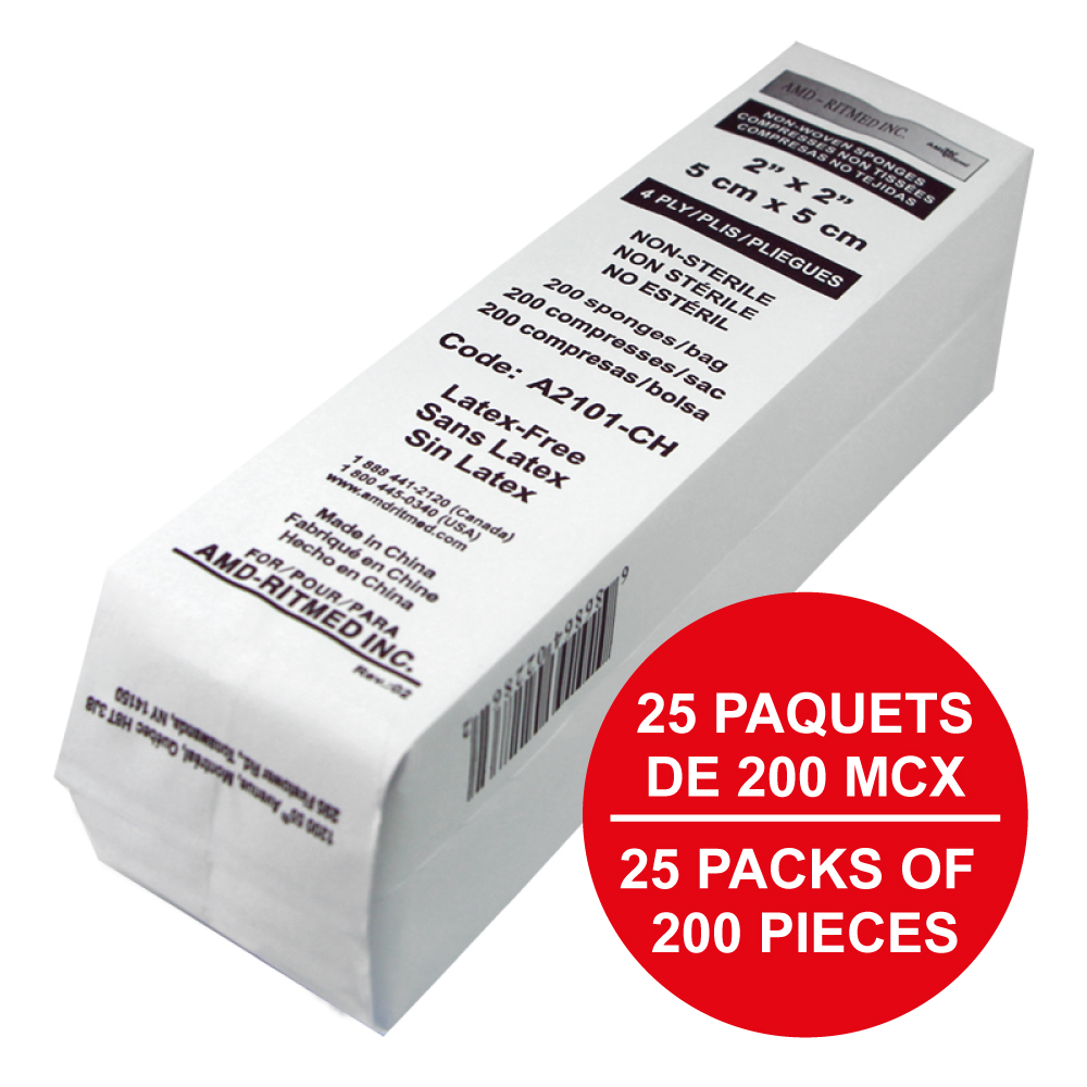 [A2101-CH-25] AMD Ritmed® Compresses non-tissées tout usage - 4 épaisseurs (Caisse de 25 paq.) 2" x 2" - Blanc