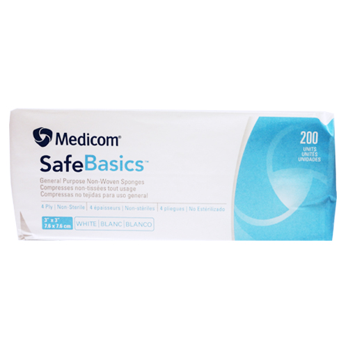 [5MED2103-CH] MEDICOM SafeBasics® Compresses non-tissées tout usage - 4 épaisseurs - 3" x 3" (200) Blanc