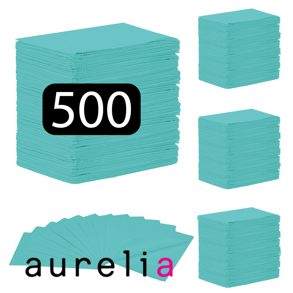 [52007] AURELIA - Bavettes (3 plis) 2 plis de papier &amp; 1 pli de polyéthylène (500) AQUA